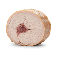 Obraz premium Delicious cooked turkey roll slice, seasoned and ready to eat, presented on a clean white background, showcasing its succulent texture