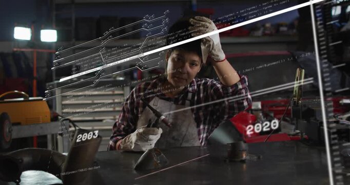 Metal welder holding torch, timeline 2003&ndash;2021 sliding and causing helmet lifting, inspecting part