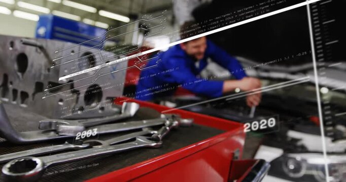 Mechanic using wrench while timeline sliding marking wrenches on red chest for history