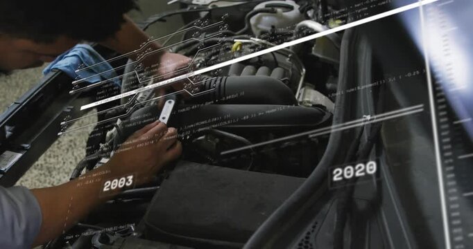 Auto mechanic placing wrench on intake bolt, repairing intake while HUD years sweeping across hands