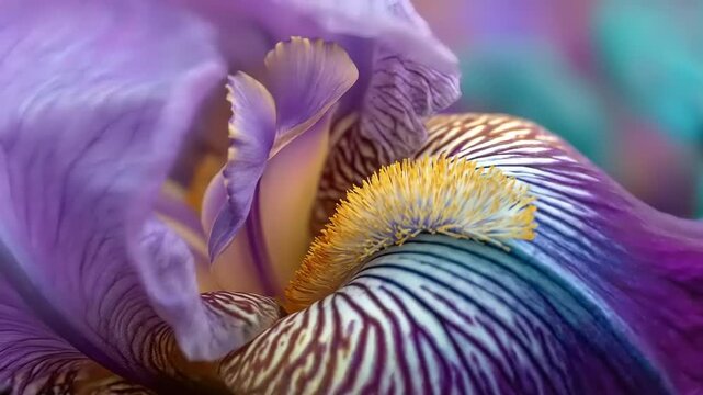 Intimate macro shot of an iris flower showing detailed petals and pollen center, vibrant colors