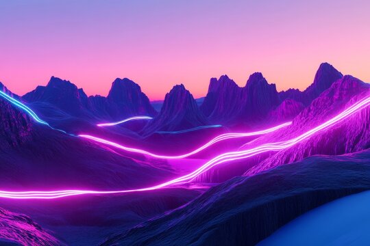 Fantasy landscape shows glowing neon lines winding through rocky mountains at sunset in vivid pink and purple hues