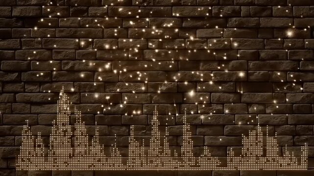 Brown brick wall with twinkling lights and a pixelated cityscape graphic at the bottom
