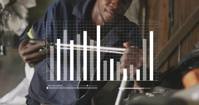 Camera pulling back, male mechanic tightening engine part, HUD bars tracking torque for alignment