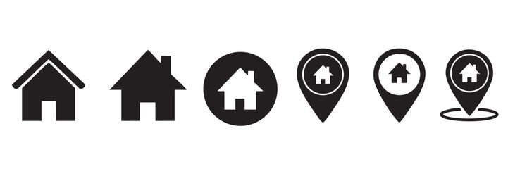 Fototapeta premium Set of 6 black house and map pin icons vector