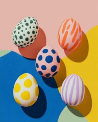 Fototapeta premium Brightly colored Easter eggs with bold stripes and dots arranged on a vibrant background featuring pink, yellow, and blue shapes for festive decoration and celebration