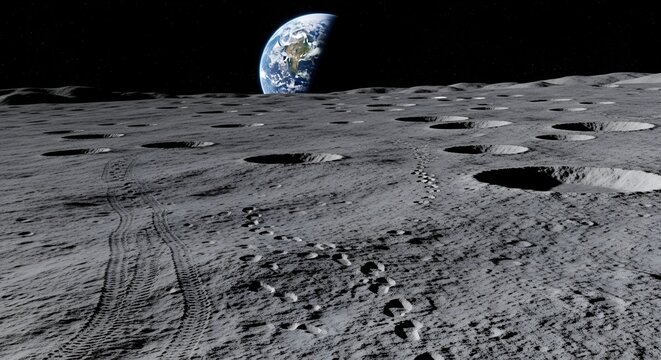 Barren moon surface with craters and footprints under rising Earth in space