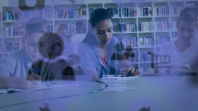 Teen student tapping tablet and touching phone in library studying, overlay adding text near device