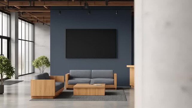 Modern office space with a reception desk, seating, and large screen, featuring wooden accents