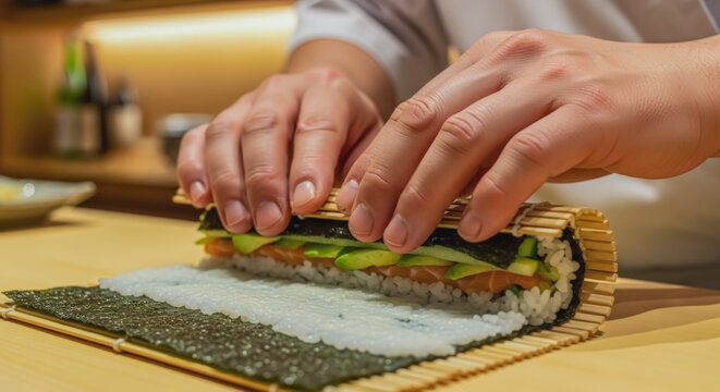 close up of a professional chef's hands using a bamboo mat to roll fresh sushi with salmon avocado and cucumber