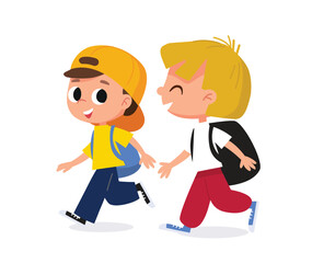 Fototapeta premium Two little boys, friends, classmates are walking to elementary school. White caucasian boys, are walking side by side with backpacks.