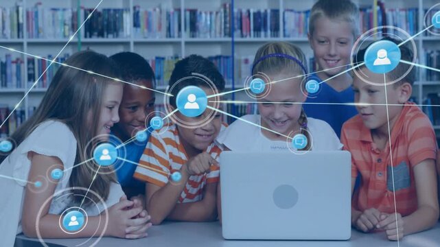 Students leaning around laptop, touching screen and starting network overlay expanding for learning