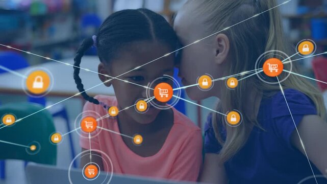Two students whispering at laptop, starting cart and lock node overlay and learning online safety