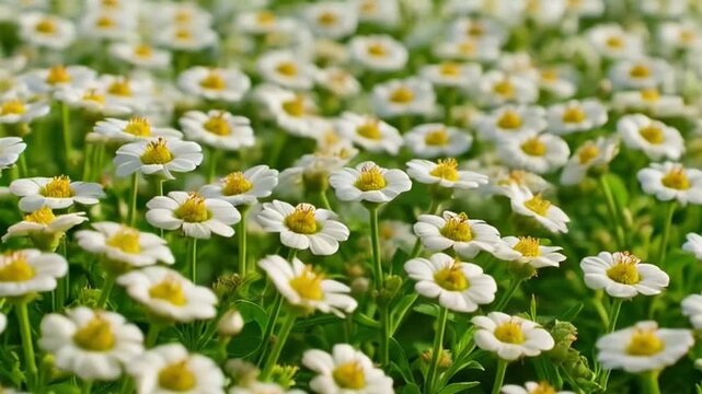 Close up of numerous small white flowers in a green environment