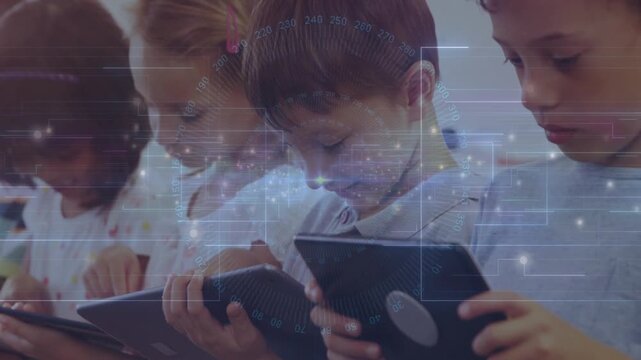 4 students tapping tablets in class, holo grid reacting to taps, camera shifting right, zooming