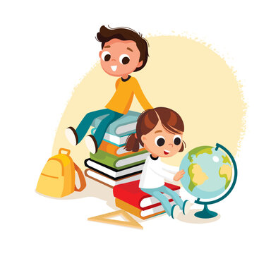 Nerd Geek Brainiac who learning studying a lot. Boy sitting on piles of books. Little girl looking at the globe. Scholar  freshman  sophomore having rest after doing study learning. Back to school.