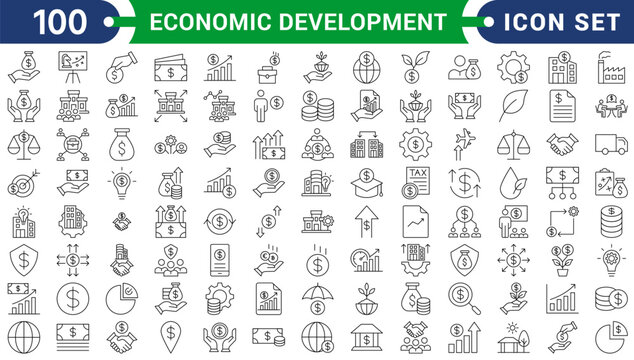 Economic development icon set collection in flat style. Icon pack contains finance, growth, investment, income, wealth, industry, trade, employment, innovation, productivity