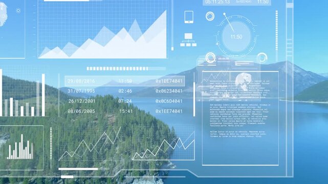Faint HUD fading in above peninsula, HUD shifting right, revealing charts, visualizing lake data