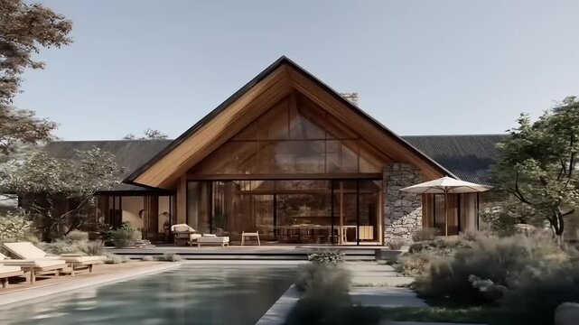 A modern, wooden, gabled home with pool. Large windows, stone accents, and outdoor seating
