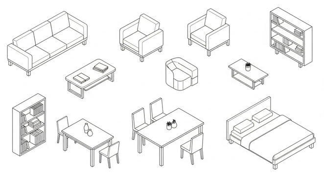 Collection of hand-drawn furniture items in isometric view.