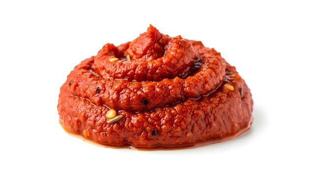 Red chili paste Harissa in spiral form on white background  