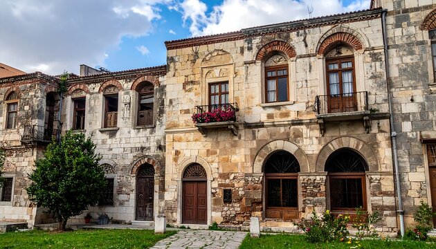 Old stone building with missing windows, crumbling facade and vibrant plants, set against a cloudy sky