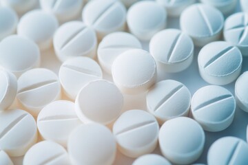 White medicine tablets on a surface in a pharmacy setting with focus on antibiotic pills and their arrangement