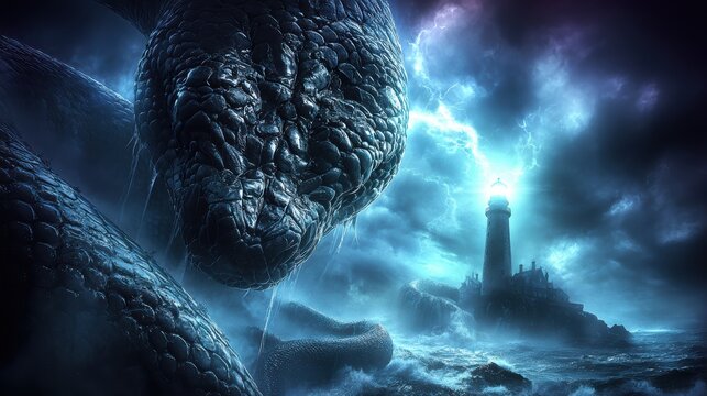 A colossal serpent watches over the lighthouse in the storm
