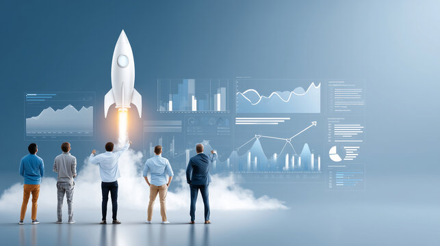 Diverse young founders planning startup strategy, floating graphs and tech interfaces, luminous rocket rising upward, concept of innovation, growth and future business