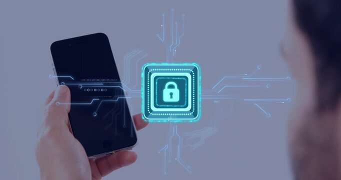 Hand holding smartphone left, thumb shifting, tapping causing cyan lock pulsing for login