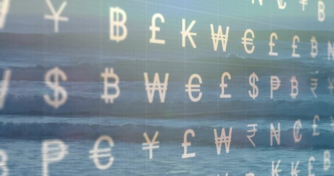 Camera starting close shot, currency matrix shifting, brightening over ocean, showing market trends