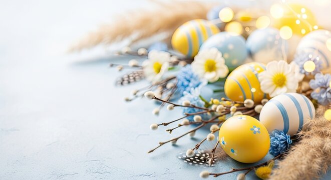 Ester day celebration with colorful easter eggs and floral arrangements