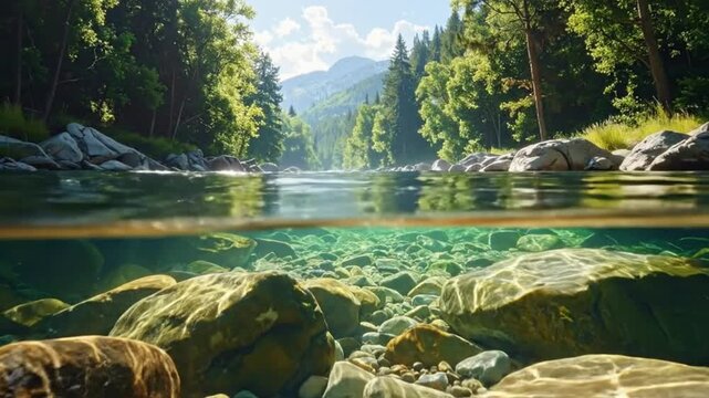 Crystal clear river with underwater view, surrounded by lush green trees and mountains in the background.