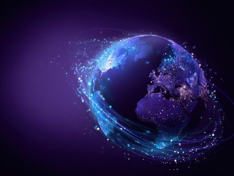 glowing cyan data streams around earth isolated on a purple background