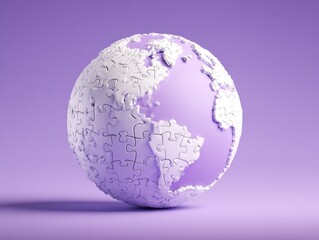 Obraz premium white puzzle pieces forming globe isolated on a purple background