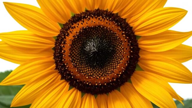 Close-up of a vibrant sunflower with bright yellow petals and a dark center against a white background.