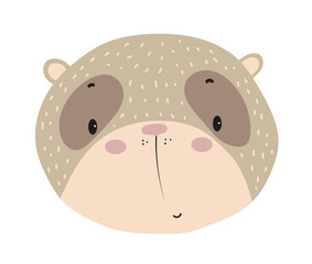 Fototapeta premium Cute cartoon sloth face. Flat vector illustration of a slow tropical animal character isolated on white background for kids prints, stickers, nursery decor and children design.