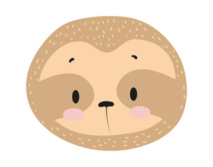 Fototapeta premium Cute cartoon sloth face with sleepy eyes and soft fur pattern. Flat vector illustration of a tropical animal character isolated on white background for kids prints, nursery decor and stickers.