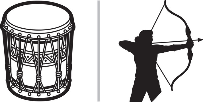 Black and white vector art featuring a detailed traditional ceremonial drum with intricate lacing alongside a sharp silhouette of an archer aiming a bow and arrow.
