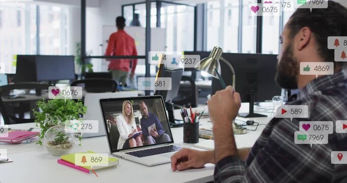Worker raising hand interacting with laptop tracking marketing metrics as badges multiplying