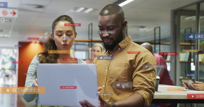 Coworkers pointing, scrolling laptop, animating notification badges highlighting hand for marketing