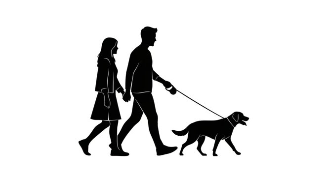 Man and Woman Walking Dog.