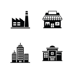 Naklejka premium A visual grouping of black and white building icons features a factory, small shop, tall office towers, and a large retail center.