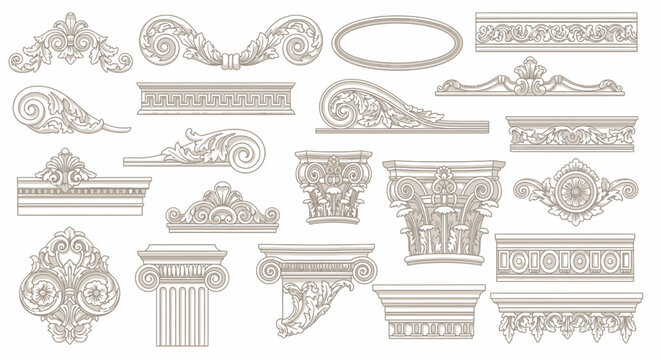 Collection of elegant architectural decorative elements and ornate scrollwork designs in beige, showcasing classical and vintage detailing for design projects