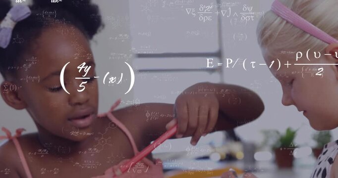 Two girls reaching into pencil cup, inspecting tools for STEM learning with math formulas floating
