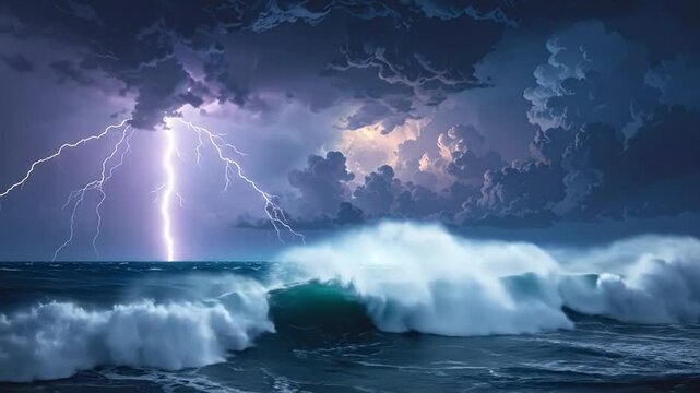 Dramatic view of a powerful lightning storm over the ocean with crashing waves and dark clouds.