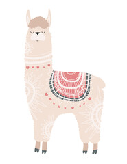 Fototapeta premium Stylized vector illustration of a llama decorated with ethnic ornamental patterns. Decorative mountain animal isolated on white background.