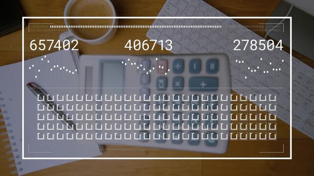 Calculator shifting, rotating as camera pull triggers HUD overlays showing counters and totals