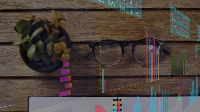 Stacked bars appearing, clear charts sliding and growing revealing notebook and showing data