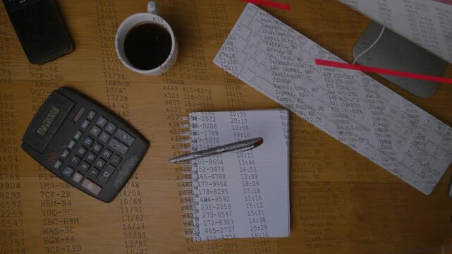 Pen swinging into frame, notebook showing numeric columns, lasers sweeping desk, visualizing data